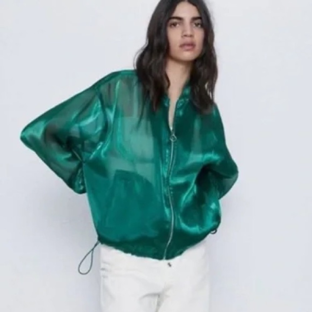 Zara Sheer Emerald Green Bomber Jacket - Women. NWOT